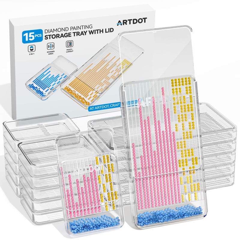 ARTDOT 15-Piece Diamond Art Storage Trays Kits for Adults with Lids, 2-in-1 Stackable Diamond Painting Accessories and Tools - Image 1