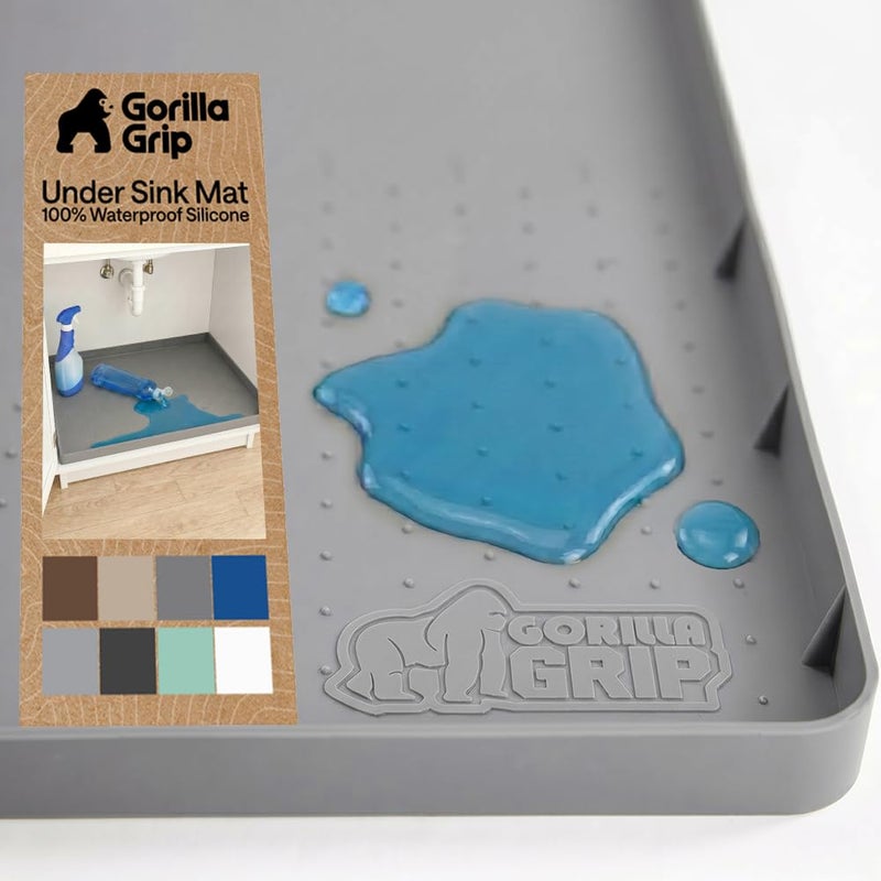 GORILLA GRIP Waterproof Silicone Under Sink Mat with Raised Lip for Kitchen and Bathroom 31 x 22 in Cabinet Shelf Liner Stay in Place Mats Dishwasher Safe Drawer Liner Organizer Tray Gray - Image 2