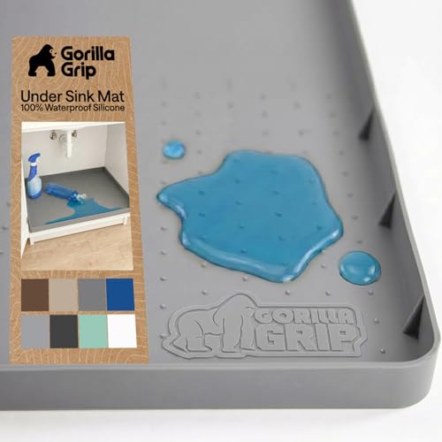 GORILLA GRIP Waterproof Silicone Under Sink Mat with Raised Lip for Kitchen and Bathroom 31 x 22 in Cabinet Shelf Liner Stay in Place Mats Dishwasher Safe Drawer Liner Organizer Tray Gray - Image 1