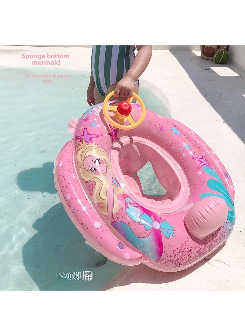 Cartoon Swim Ring for Kids with Steering Wheel Pink mermaid steering wheel/sink bottom 【2 years old -50kg】】 