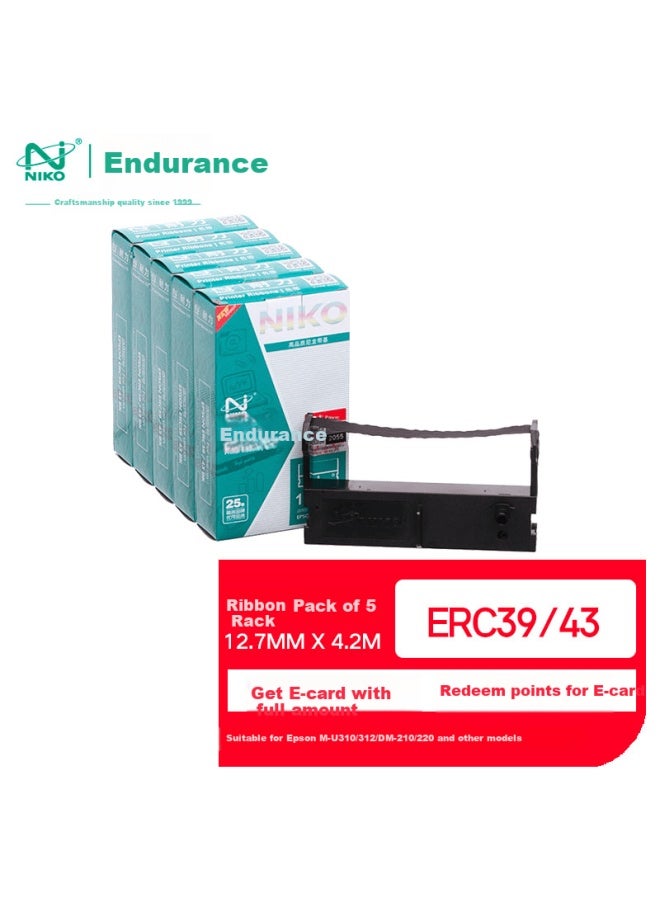 Niko Nerc39/43 Ribbon Cartridge, 5-pack, Compatible With Epson Mt311 M-u310/11/312 M-v110 M-u115 Dm-210/220 Printer Ribbon Frame - Image 1