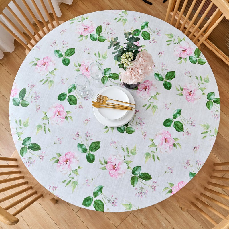 LIBERECOO Round Fitted Vinyl Tablecloth with Flannel Backing, Elastic Edge Waterproof Table Cloth Plastic Table Cover for Indoor & Outdoor - Image 1