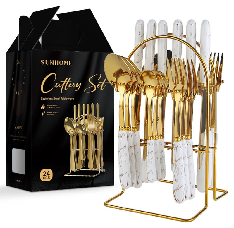 Sunhome 24-piece Stainless Steel Cutlery Fork,Knife and Spoon Set With Stand White/Gold - Image 1
