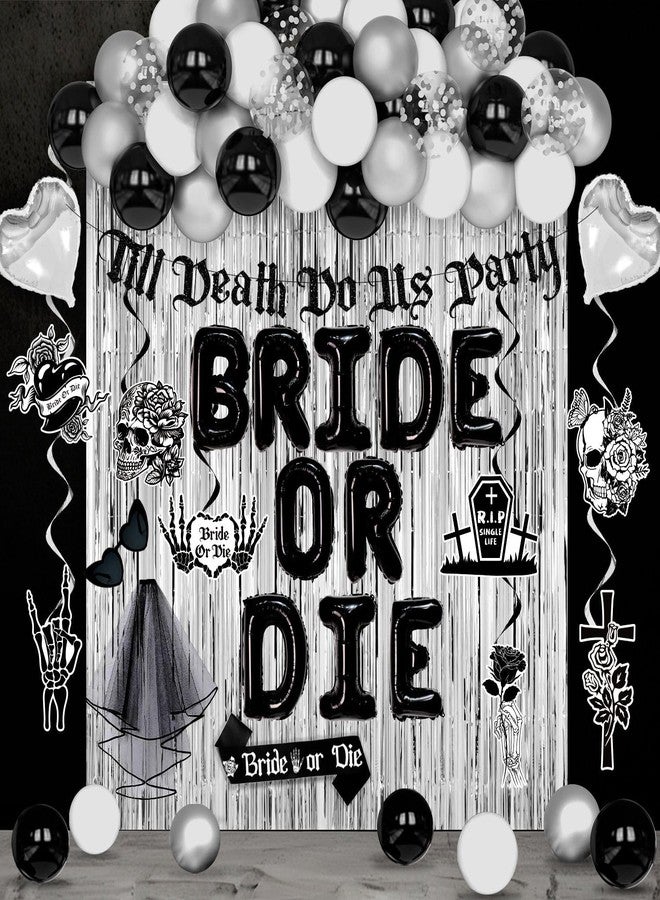 LANGASQUE Bride or Die Bachelorette Party Decorations, 67pcs Till Death Do Us Party Banner Balloons Swirl Fringe Curtains Shoulder Strap Veil, Til Death Do Us Party Bachelorette Party Supplies - Image 1