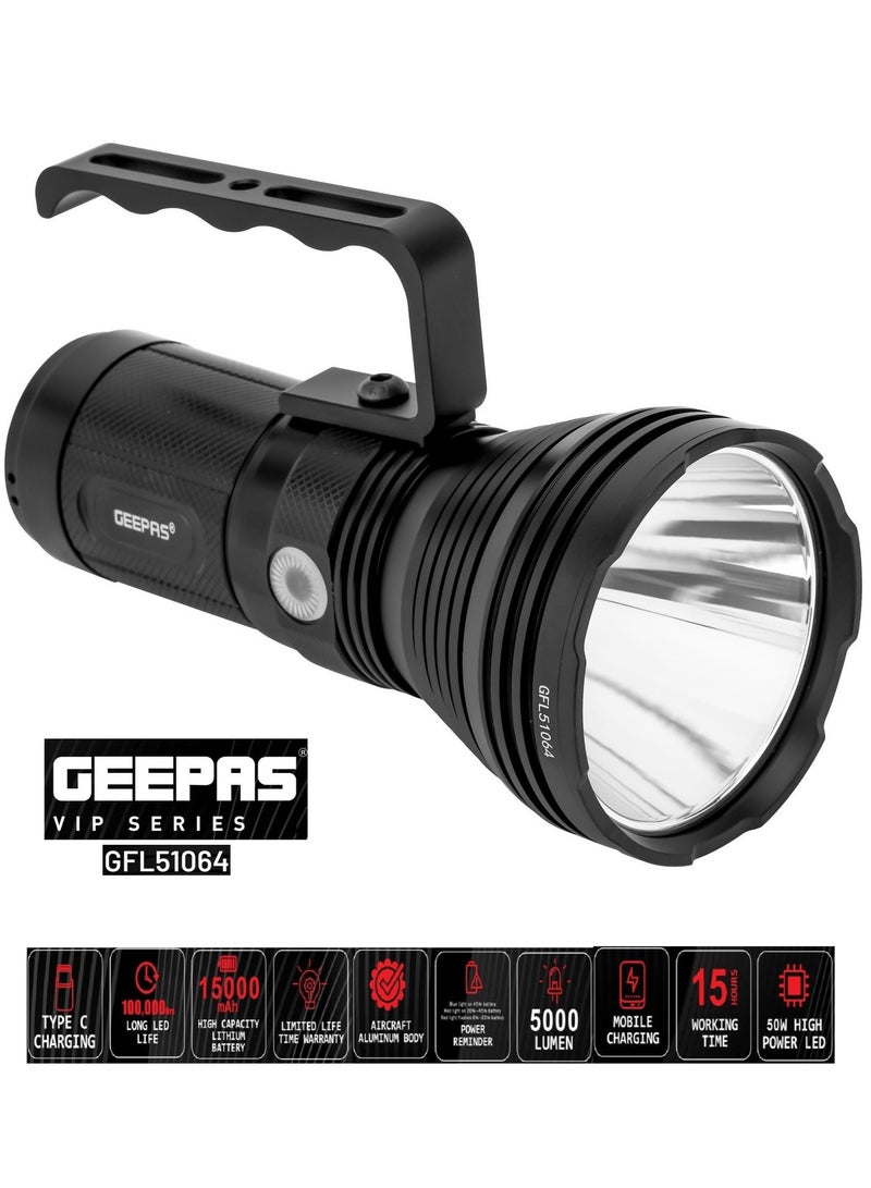 GEEPAS VIP Series GFL51064 Professional Rechargeable LED Flashlight 50W, 6000-7000K, 5000 LM, Perfect for Indoor and Outdoor Use, 15000mHA High Capacity Lithium Battery,15 Hours Continuous Working/ with Aircraft Aluminum Housing, Waterproof IPX5 - Image 1