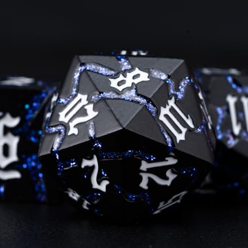 Maywin Cracked Rune Metal Dice Set for DND RPG Dark Fantasy Fractured Design Premium Heavy Metal Polyhedral Dice with Deep Engraved Numbers 7Piece Set Blue Arcane Vein - Image 5