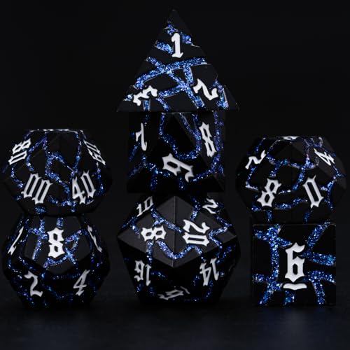 Maywin Cracked Rune Metal Dice Set for DND RPG Dark Fantasy Fractured Design Premium Heavy Metal Polyhedral Dice with Deep Engraved Numbers 7Piece Set Blue Arcane Vein - Image 1