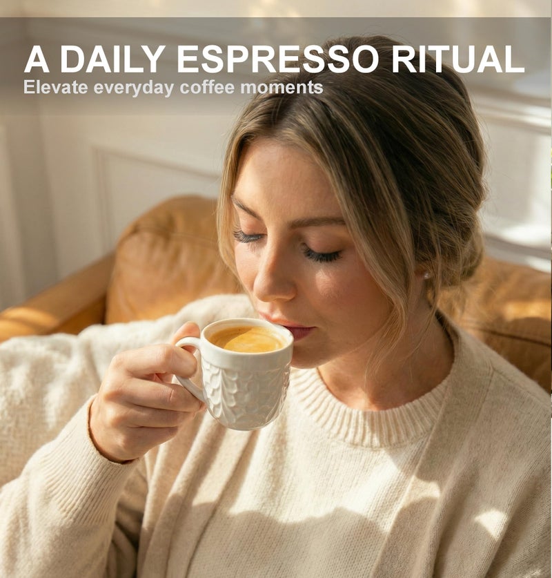 25DOL Ceramic Espresso Cups Set of 2 - White Cappuccino Cup with Nature Engravings and Comfort-Grip Handle - Expresso Coffee cups, 3.3 Oz Small Lead-Free Shot Mugs, Safe for Dishwasher, Microwave - Image 2