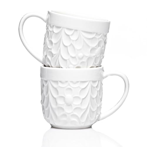 25DOL Ceramic Espresso Cups Set of 2 - White Cappuccino Cup with Nature Engravings and Comfort-Grip Handle - Expresso Coffee cups, 3.3 Oz Small Lead-Free Shot Mugs, Safe for Dishwasher, Microwave - Image 1
