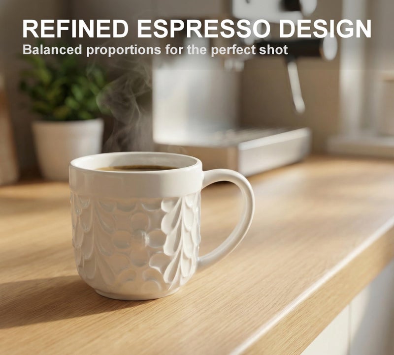 25DOL Ceramic Espresso Cups Set of 2 - White Cappuccino Cup with Nature Engravings and Comfort-Grip Handle - Expresso Coffee cups, 3.3 Oz Small Lead-Free Shot Mugs, Safe for Dishwasher, Microwave - Image 4