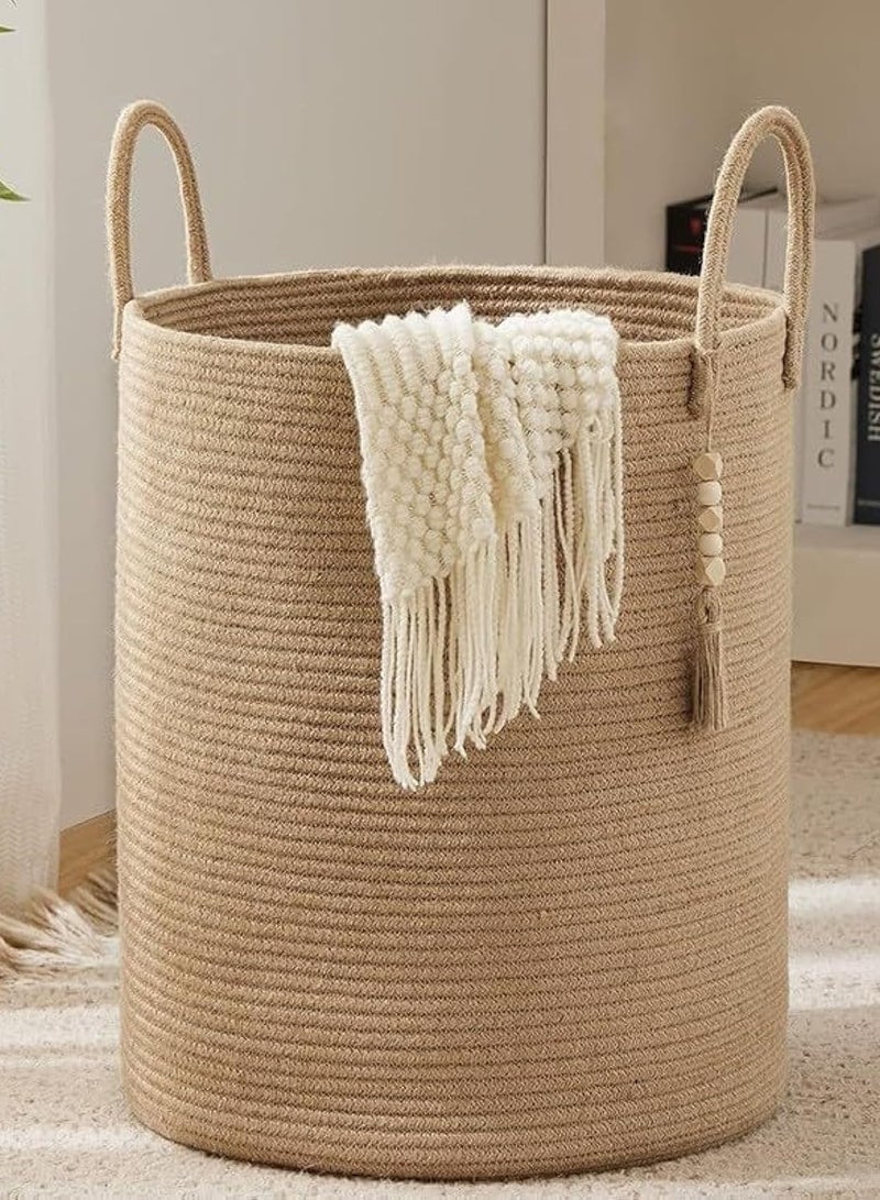 راكسوم سلة غسيل، سلة غسيل للأطفال بطول 58 لترًا مصنوعة من الحبال المنسوجة مع مقابض، سلة غسيل قابلة للطي لتخزين البطانيات والملابس والألعاب وسلة تخزين مزخرفة (أ) - Image 1