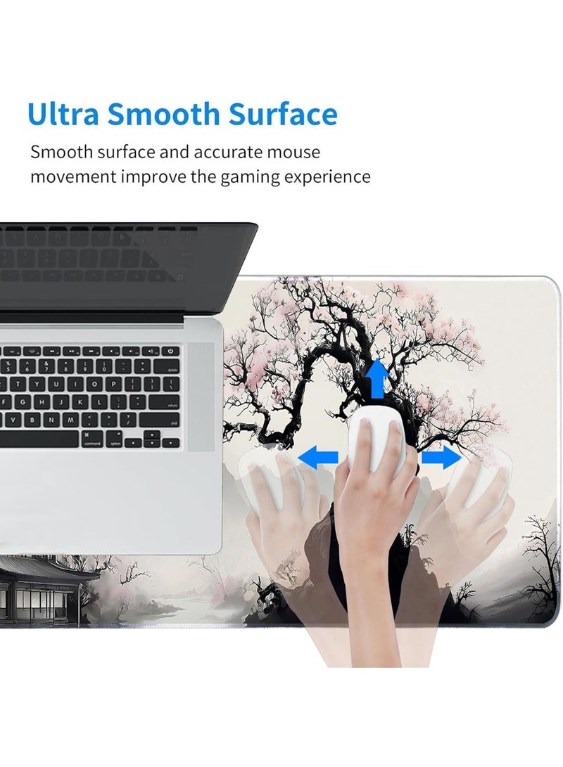 Japanes Watercolor Cherry Blossom Extended Gaming Mouse Pad with Stitched Edges 70×30cm XL Desk Mat for Gaming, Office, Keyboard, Mouse, Laptop, Workstation and Professional Desk Setups - Image 3