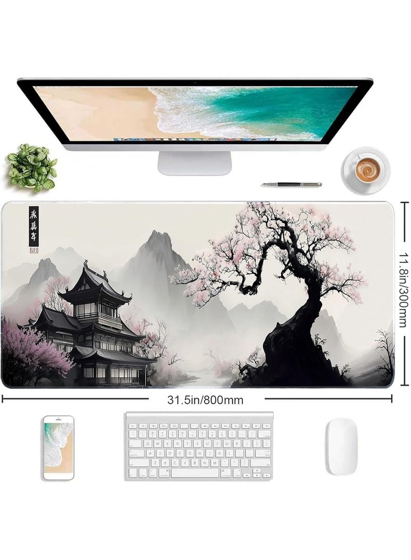 Japanes Watercolor Cherry Blossom Extended Gaming Mouse Pad with Stitched Edges 70×30cm XL Desk Mat for Gaming, Office, Keyboard, Mouse, Laptop, Workstation and Professional Desk Setups - Image 2