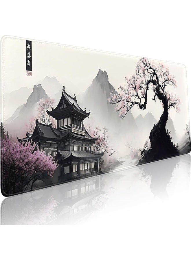 Japanes Watercolor Cherry Blossom Extended Gaming Mouse Pad with Stitched Edges 70×30cm XL Desk Mat for Gaming, Office, Keyboard, Mouse, Laptop, Workstation and Professional Desk Setups - Image 1