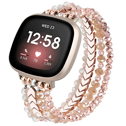 MOFREE Bracelet Compatible with Fitbit Versa 3/Versa 4/ Sense/Sense 2 Bands for Women, Handmade Fashion Elastic Beadeds Arrows Strap Replacement (Rose Gold) - Image 1