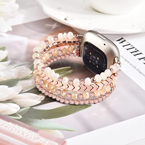 MOFREE Bracelet Compatible with Fitbit Versa 3/Versa 4/ Sense/Sense 2 Bands for Women, Handmade Fashion Elastic Beadeds Arrows Strap Replacement (Rose Gold) - Image 2