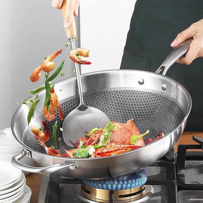 AYF 134 Inch Hybrid Stainless Steel Wok Pan With Lid NonStick Wok Stir Fry Pan With Steel Cool Handle Dishwasher And Oven Safe Works With Induction Ceramic Electric And Gas Cooktops - Image 2