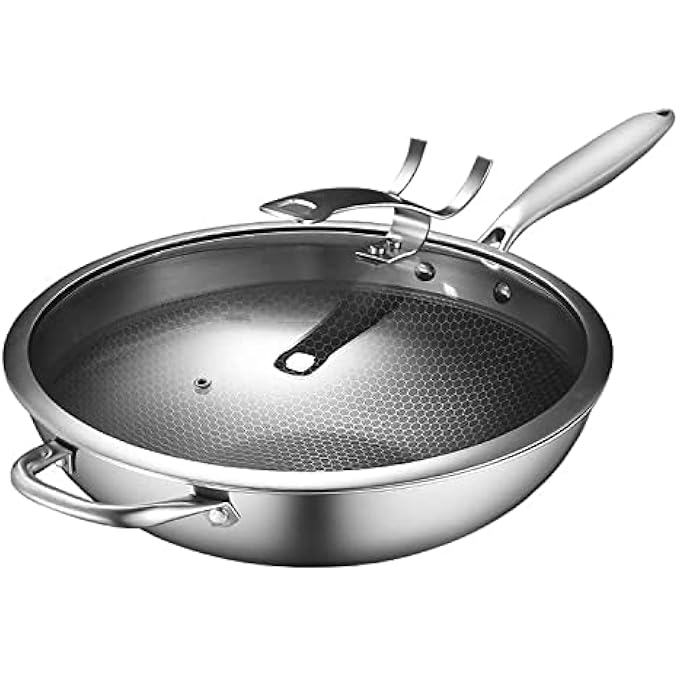AYF 134 Inch Hybrid Stainless Steel Wok Pan With Lid NonStick Wok Stir Fry Pan With Steel Cool Handle Dishwasher And Oven Safe Works With Induction Ceramic Electric And Gas Cooktops - Image 1