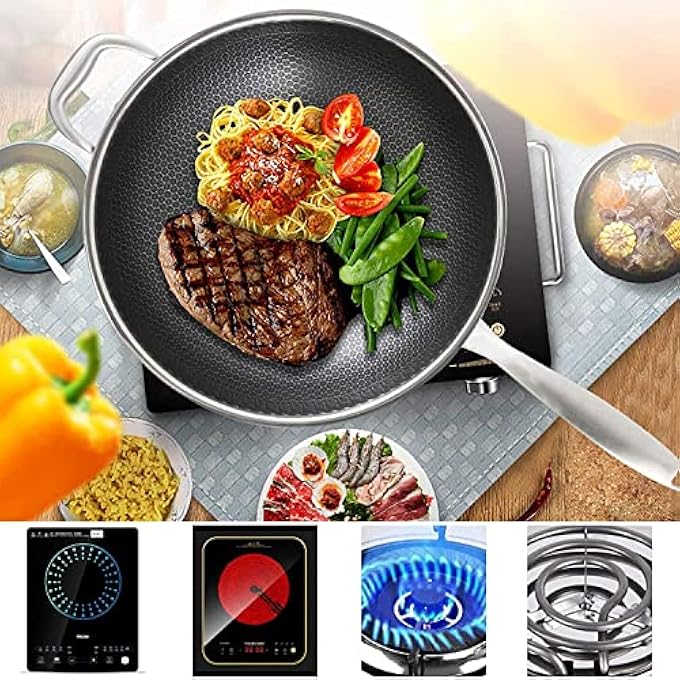 AYF 134 Inch Hybrid Stainless Steel Wok Pan With Lid NonStick Wok Stir Fry Pan With Steel Cool Handle Dishwasher And Oven Safe Works With Induction Ceramic Electric And Gas Cooktops - Image 4
