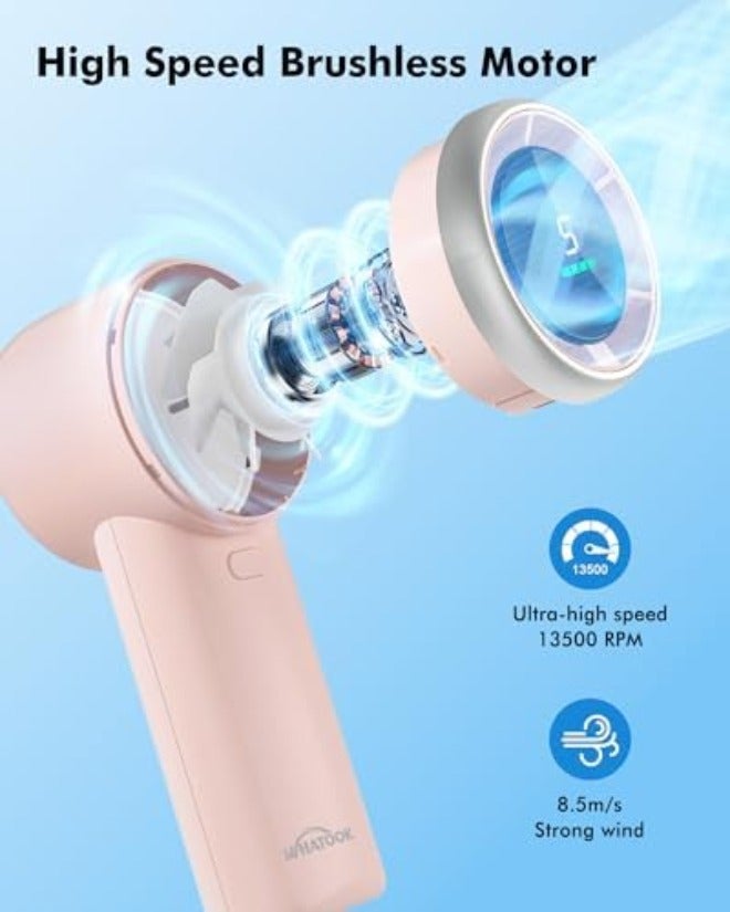 WHATOOK Portable Handheld Turbo Fan, 5 Speeds Mini Personal Fan with 4000mAh Rechargeable Battery, Small Pocket Fan for Travel Essentials, Beach, Office, Gifts for Women Men - Light    pink - Image 4