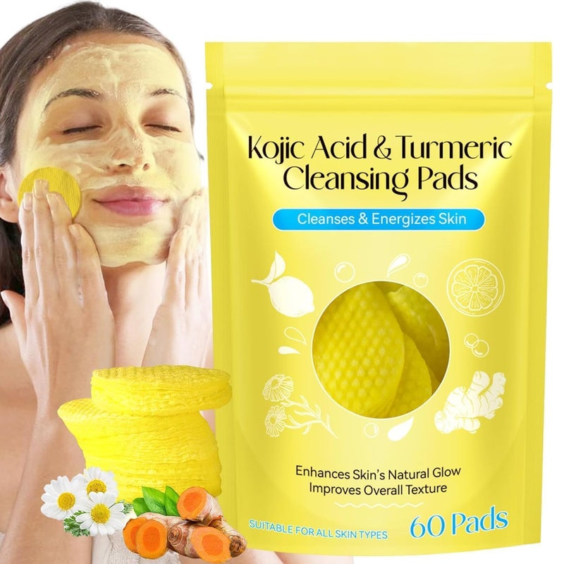 Kojic Acid & Turmeric Cleansing Pads, Skin Brightening Face Pads with Textured Surface Turmeric Lemon pad for Face - 60 PCS - Image 1