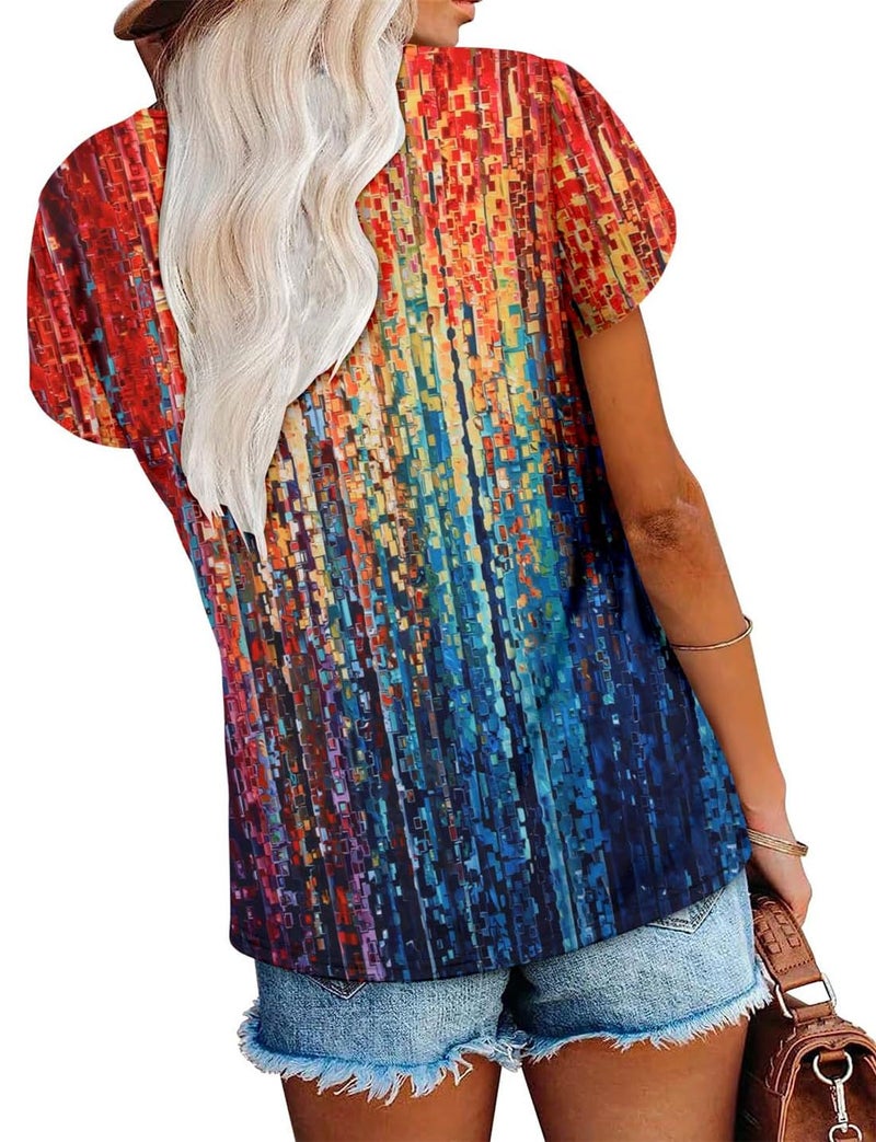 onlypuff Womens Tops Dressy Flattering Boho Tops Short Sleeve Shirts Hide Belly Tunic Top to Wear with Leggings Flattering Rainbow XL - Image 5
