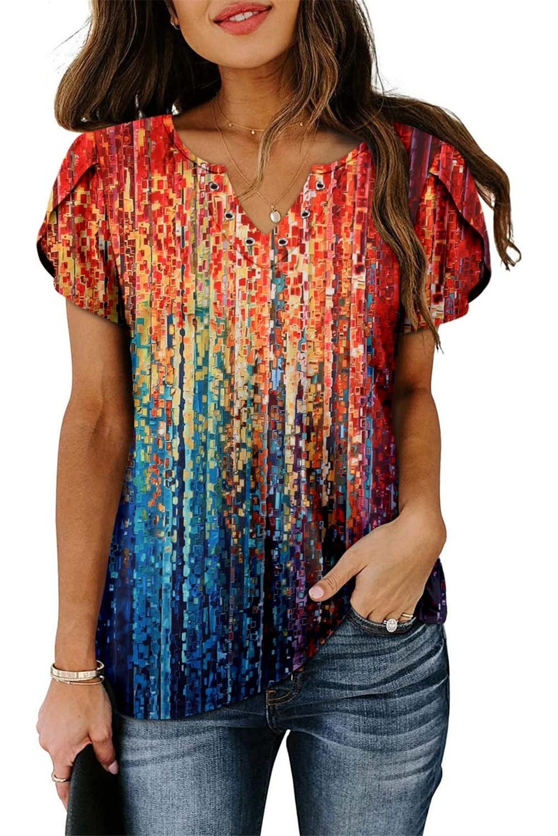 onlypuff Womens Tops Dressy Flattering Boho Tops Short Sleeve Shirts Hide Belly Tunic Top to Wear with Leggings Flattering Rainbow XL - Image 4