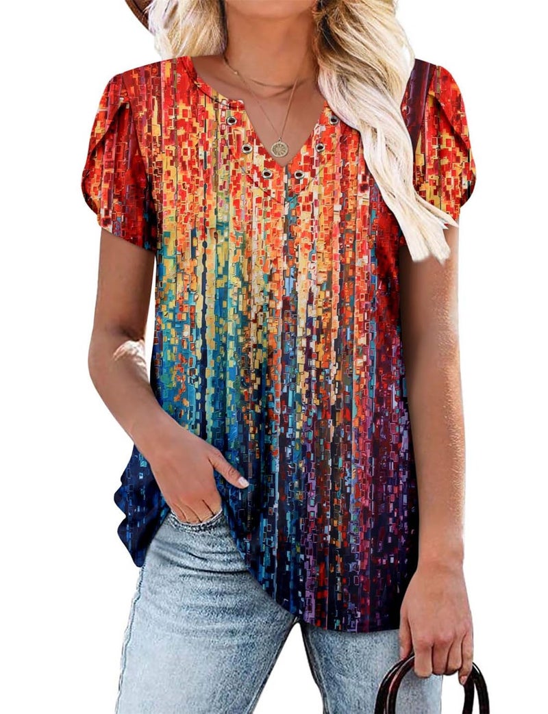 onlypuff Womens Tops Dressy Flattering Boho Tops Short Sleeve Shirts Hide Belly Tunic Top to Wear with Leggings Flattering Rainbow XL - Image 1