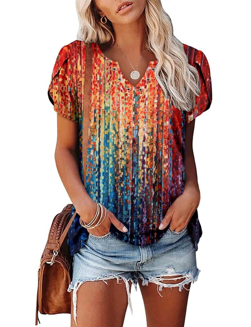 onlypuff Womens Tops Dressy Flattering Boho Tops Short Sleeve Shirts Hide Belly Tunic Top to Wear with Leggings Flattering Rainbow XL - Image 2