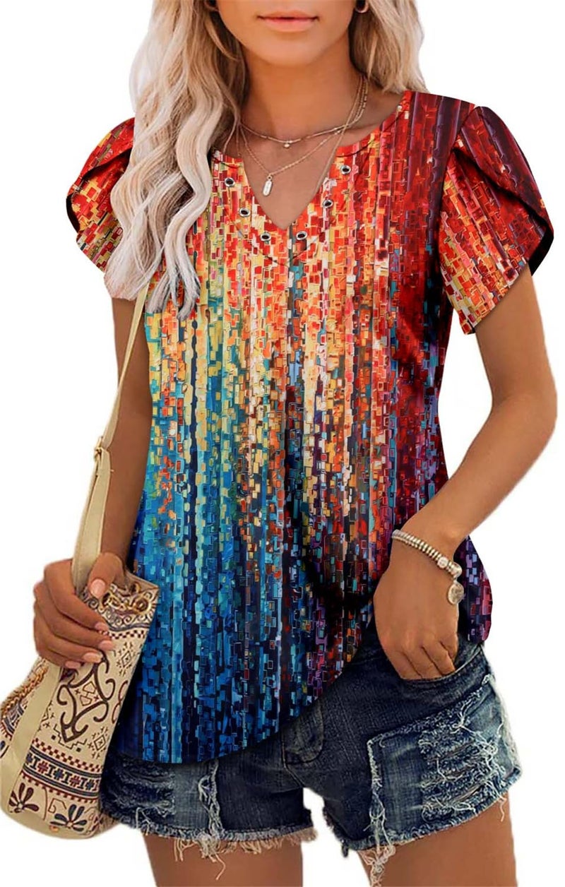 onlypuff Womens Tops Dressy Flattering Boho Tops Short Sleeve Shirts Hide Belly Tunic Top to Wear with Leggings Flattering Rainbow XL - Image 3