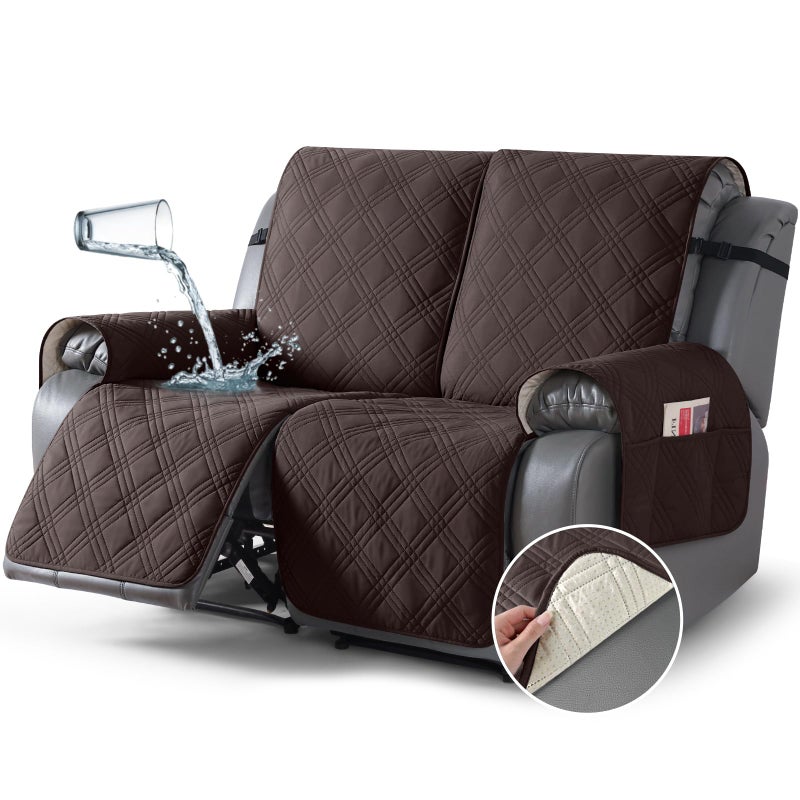 TAOCOCO 100 Waterproof Loveseat Recliner Cover Non Slip Split Loveseat Covers for Reclining Sofa with Elastic Straps Washable Recliner ChairFurniture Protector for Pets2 Seater Chocolate