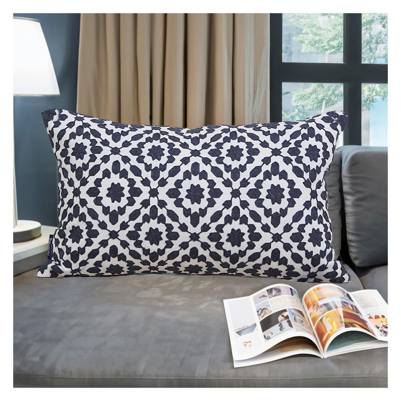 Aitliving Decorative Throw Pillow Cover 1 pc 12x20 inch Cotton Canvas Muted Slate Blue Trellis Embroidery Dark Blue Mina Lumbar Pillow Case Cushion Cover, Navy Blue Dark Lumbar Pillow Sham 30x50cm - Image 1