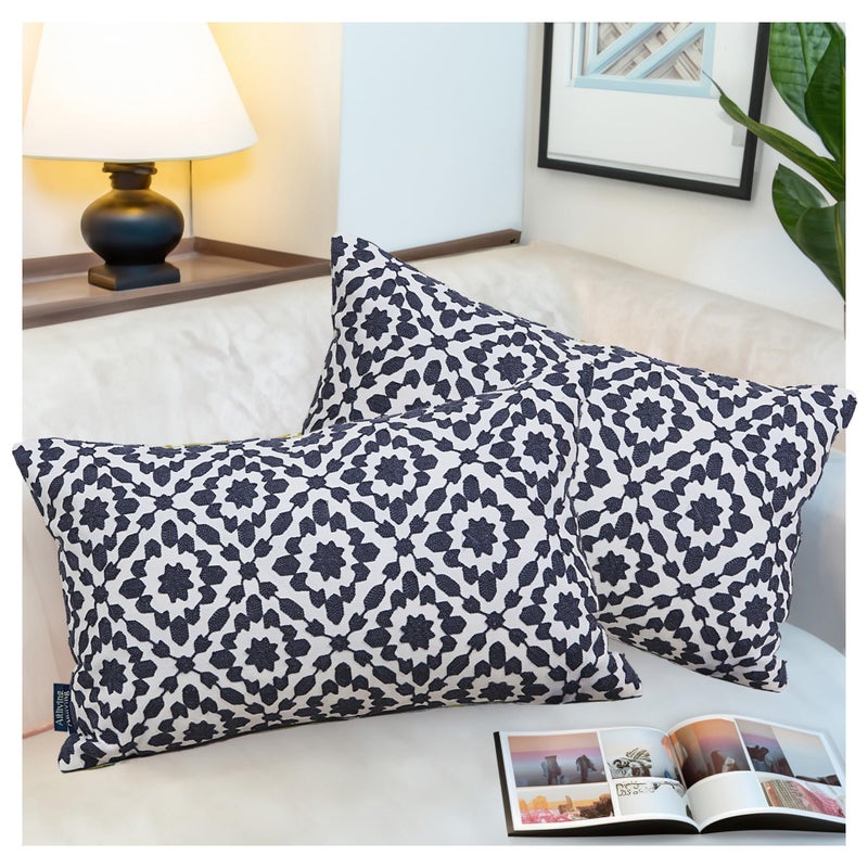 Aitliving Decorative Throw Pillow Cover 1 pc 12x20 inch Cotton Canvas Muted Slate Blue Trellis Embroidery Dark Blue Mina Lumbar Pillow Case Cushion Cover, Navy Blue Dark Lumbar Pillow Sham 30x50cm - Image 2