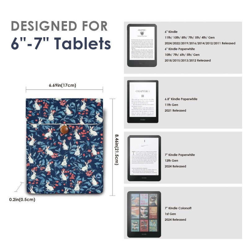 Clezolraa 6-7 inch Kindle Sleeve Pouch for 6.8"-7" Kindle Paperwhite 2024, 6" Kindle 2024/2022, Colorsoft, Oasis, Cotton-Padded Envelope Sleeve Case with Stylish Printed for Most E-Readers, Blue - Image 2