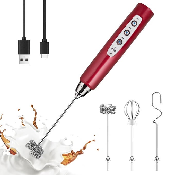 RED MILK FROTHER HANDHELD WITH 3 HEADS COFFEE WHISK FOAM MIXER WITH USB RECHARGEABLE 3 SPEEDS ELECTRIC MINI HAND HAND FROTHER FOR LATTE CAPPUCCINO HOT CHOCOLATE EGG