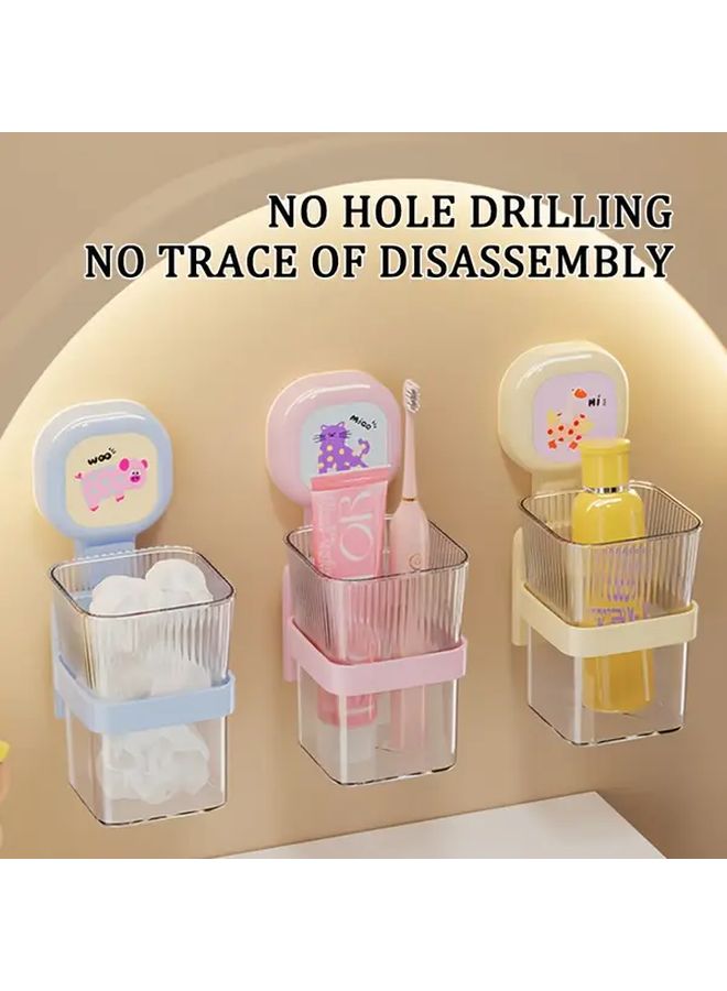 Pink No Drill Bathroom Organizer With Toothbrush Holder Adhesive Wall Mount Rack - Image 1