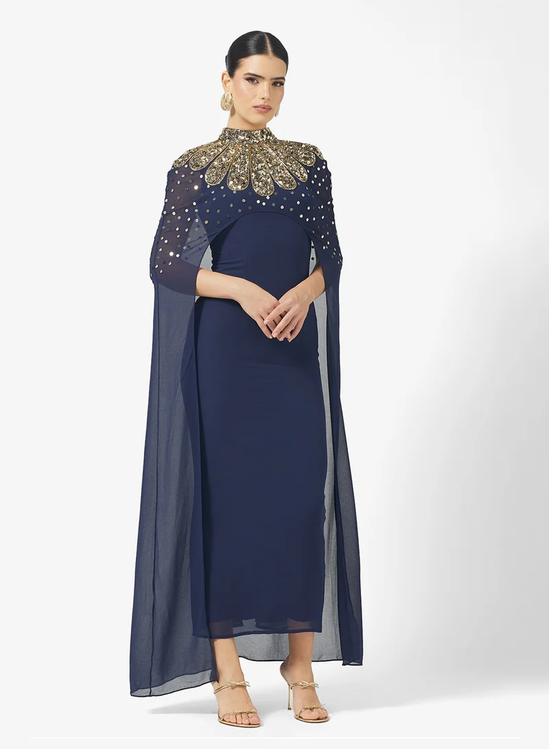 Amelia Rose Cape Sleeve Sequin Tiered Maxi Dress