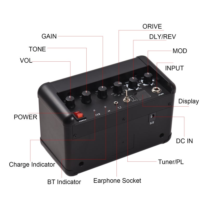 Rowin Electric Guitar Amp: 15W Red Portable Mini Guitar Amp - With 6 Classic Cabinet Modes 8 Effect Tones Built-in Tuner BT Functionality 2200mAh Battery for Guitar Players Practice Performance - Image 3