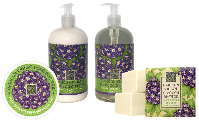 Greenwich Bay Body Care Spa Quartet  Hand Soap Lotion Body Butter and Soap Bar Square  Luxurious Shea Butter Skin Care in Captivating Botanical Scents African Violet  Cocoa Butter