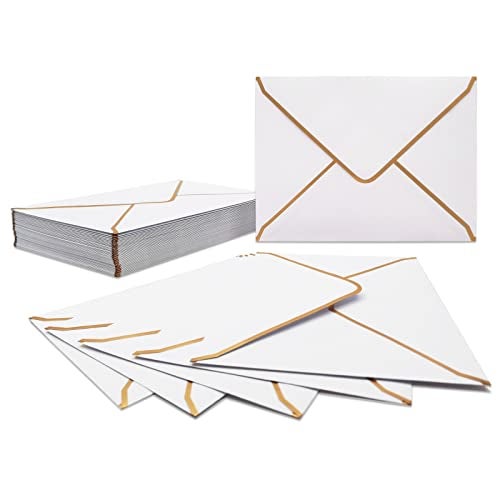 LYHLYA 50 PCS White Envelopes 5x7 Invitation Envelopes A7 Size V-Flap Mailing Card Envelopes Quick Seal Envelopes with Gold Border for 5x7 Cards, Birthday, Weddings, Graduations, Greeting Cards - Image 2