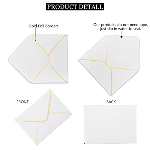 LYHLYA 50 PCS White Envelopes 5x7 Invitation Envelopes A7 Size V-Flap Mailing Card Envelopes Quick Seal Envelopes with Gold Border for 5x7 Cards, Birthday, Weddings, Graduations, Greeting Cards - Image 4