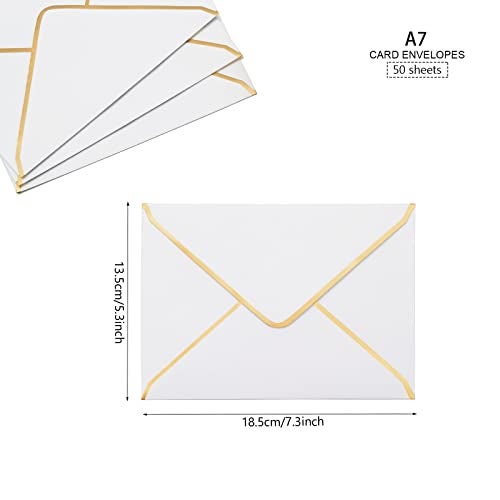 LYHLYA 50 PCS White Envelopes 5x7 Invitation Envelopes A7 Size V-Flap Mailing Card Envelopes Quick Seal Envelopes with Gold Border for 5x7 Cards, Birthday, Weddings, Graduations, Greeting Cards - Image 3