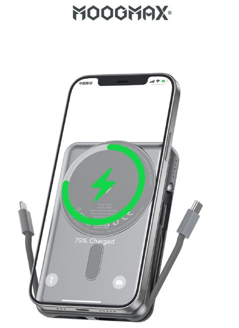 Trunk power bank 10000 mAh. Small magnetic wireless powerbank. magsafe power bank with 3 ports (USB & Type-C PD & Lightning). portable charger with built-in fabric charging cables (Type-C & Lightning for iPhone).wireless power bank fast charging with 15W wireless charging & 22.5W for ports & cables. Silver