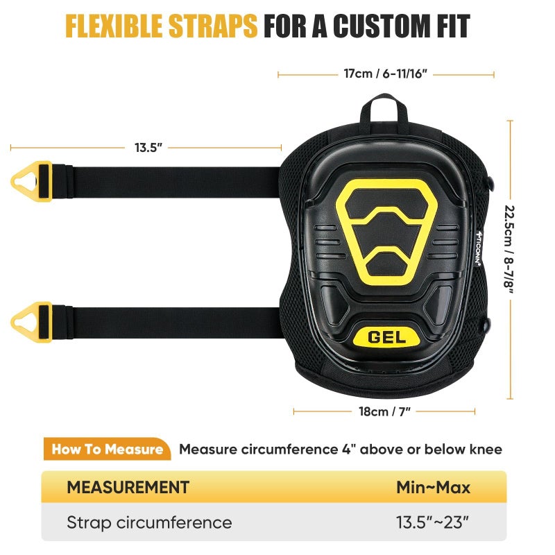 TICONN Gel Knee Pads for Work, Professional Heavy Duty Work Knee Pads for Men with Soft Foam and Gel Cushion for Men Construction, Garden, Flooring (Black/Yellow) - Image 4