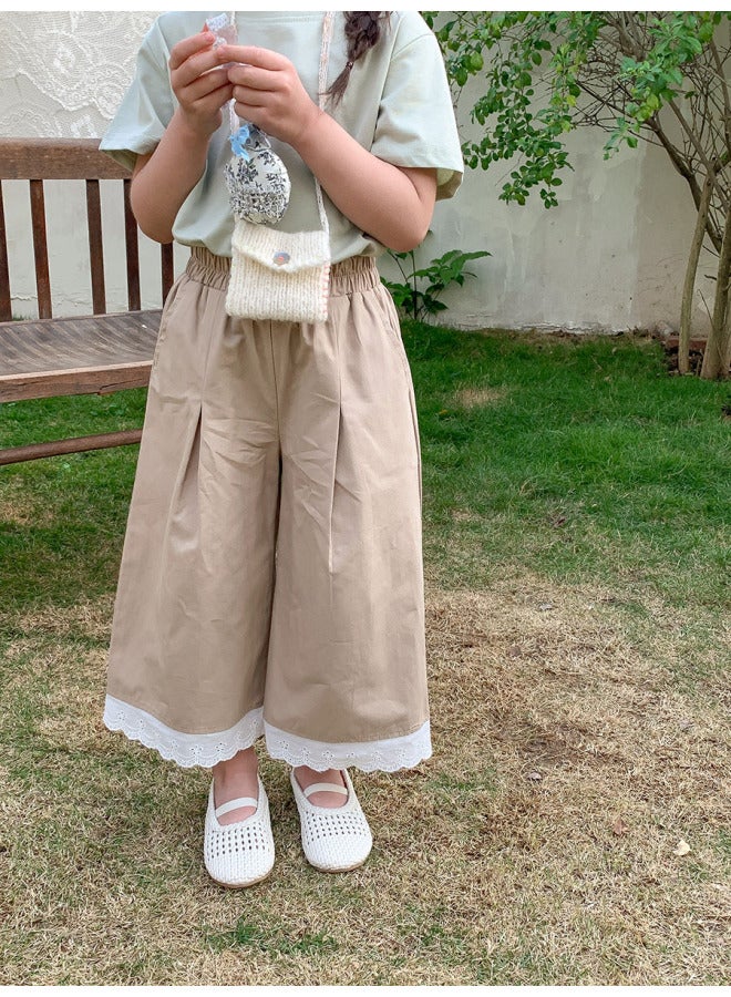 Spring 2-7 Years Old Girls' Stylish Korean Casual Lace Straight-leg Pants Long Pants For Outdoor Wear Wide-leg Pants