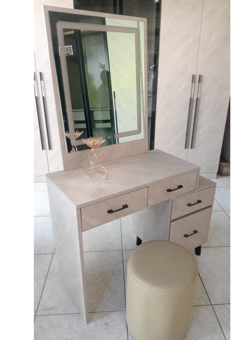 Generic DRESSER WITH LED MIRROR, 4 DRAWER STOOL WITH CUSHION COLOR MARBLE GREY  - Image 2