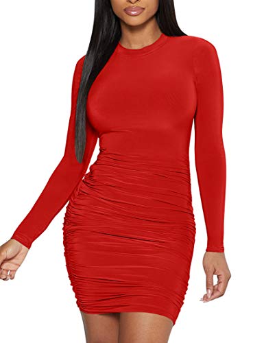 Mokoru Women's Sexy Basic Elegant Long Sleeve Ruched Bodycon Club Party Mini Dress, Medium, Red - Image 1