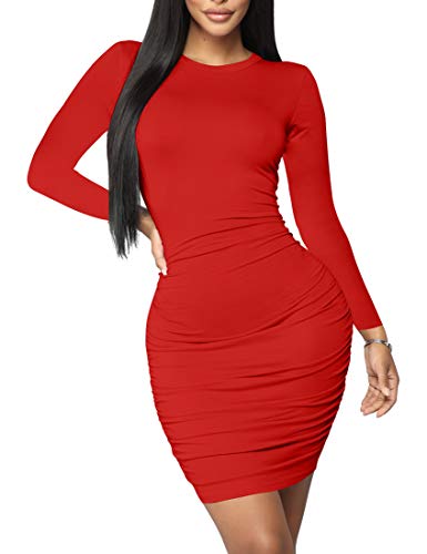 Mokoru Women's Sexy Basic Elegant Long Sleeve Ruched Bodycon Club Party Mini Dress, Medium, Red - Image 5