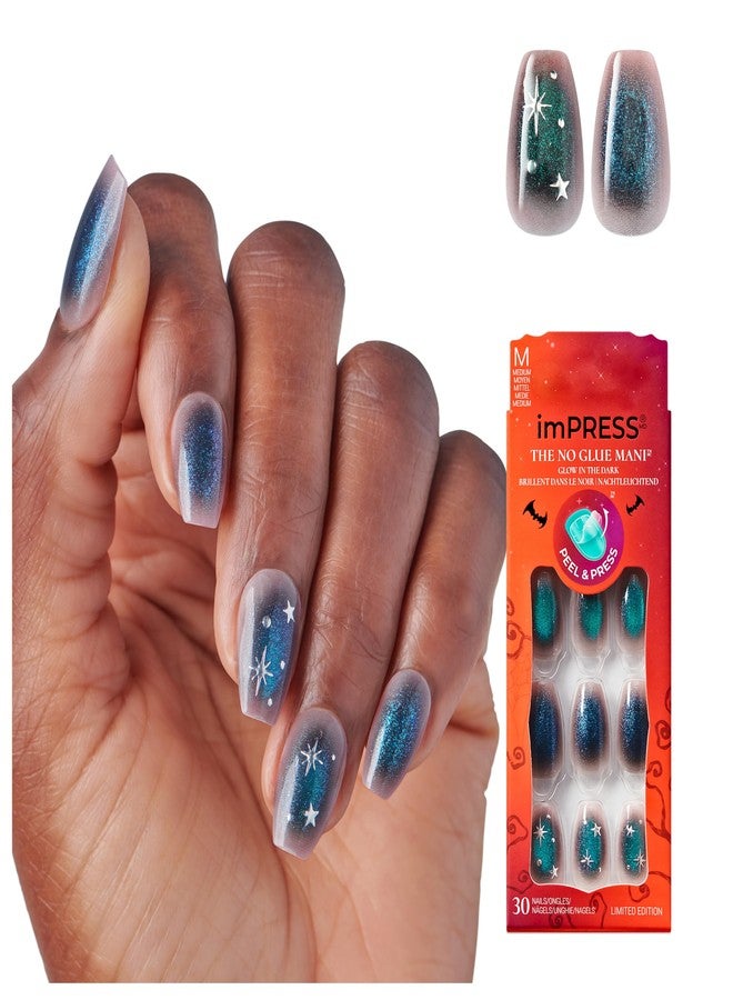 KISS imPRESS Halloween Press On Nails, ‘Superstitious’, Green, Medium Coffin, Magnetic Powder Effect, No Glue, Glow-In-The-Dark, Includes Prep Pad, Mini Nail File, Manicure Stick & 30 Fake Nails - Image 1