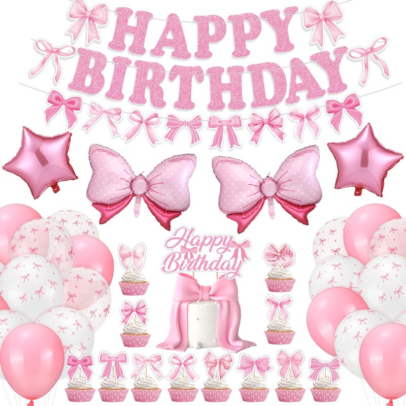 ProSuites 44 Pcs Pink Bow Birthday Decorations Include Pink Bow Balloons Star Balloons Cake Topper Bow Happy Birthday Banner for Party - Image 1